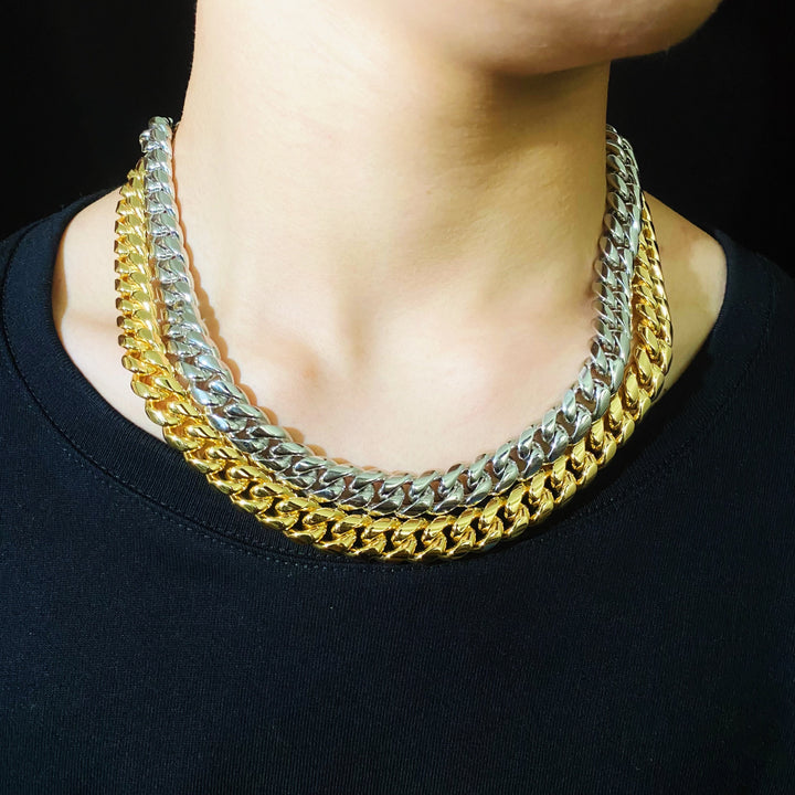 12 mm en 8 mm Miami Cubaanse ketting 18k goud