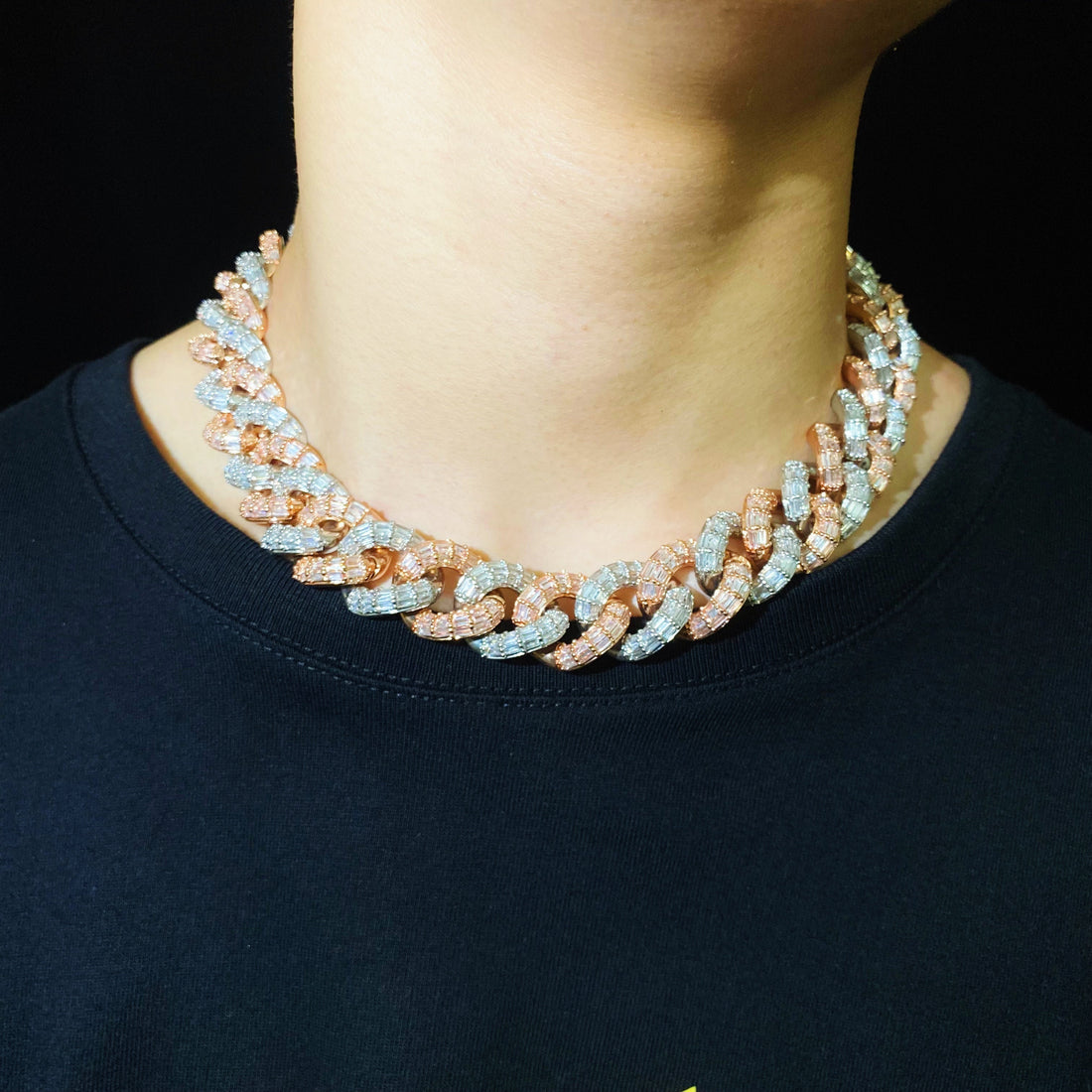 19 mm Baguette Cubaanse ketting, 2-kleurig wit/roségoud