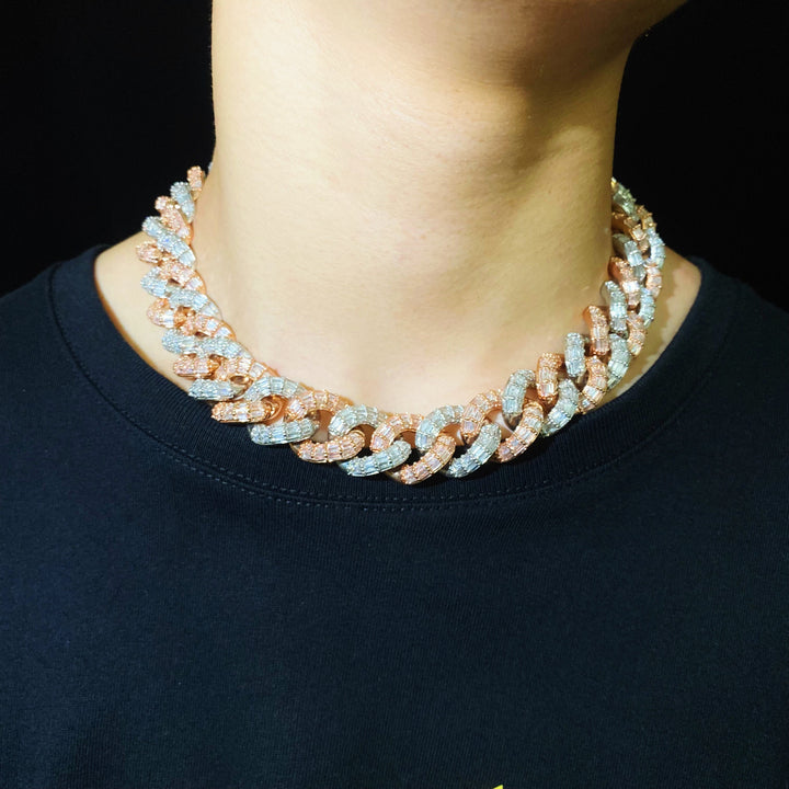 19 mm Baguette Cubaanse ketting, 2-kleurig wit/roségoud
