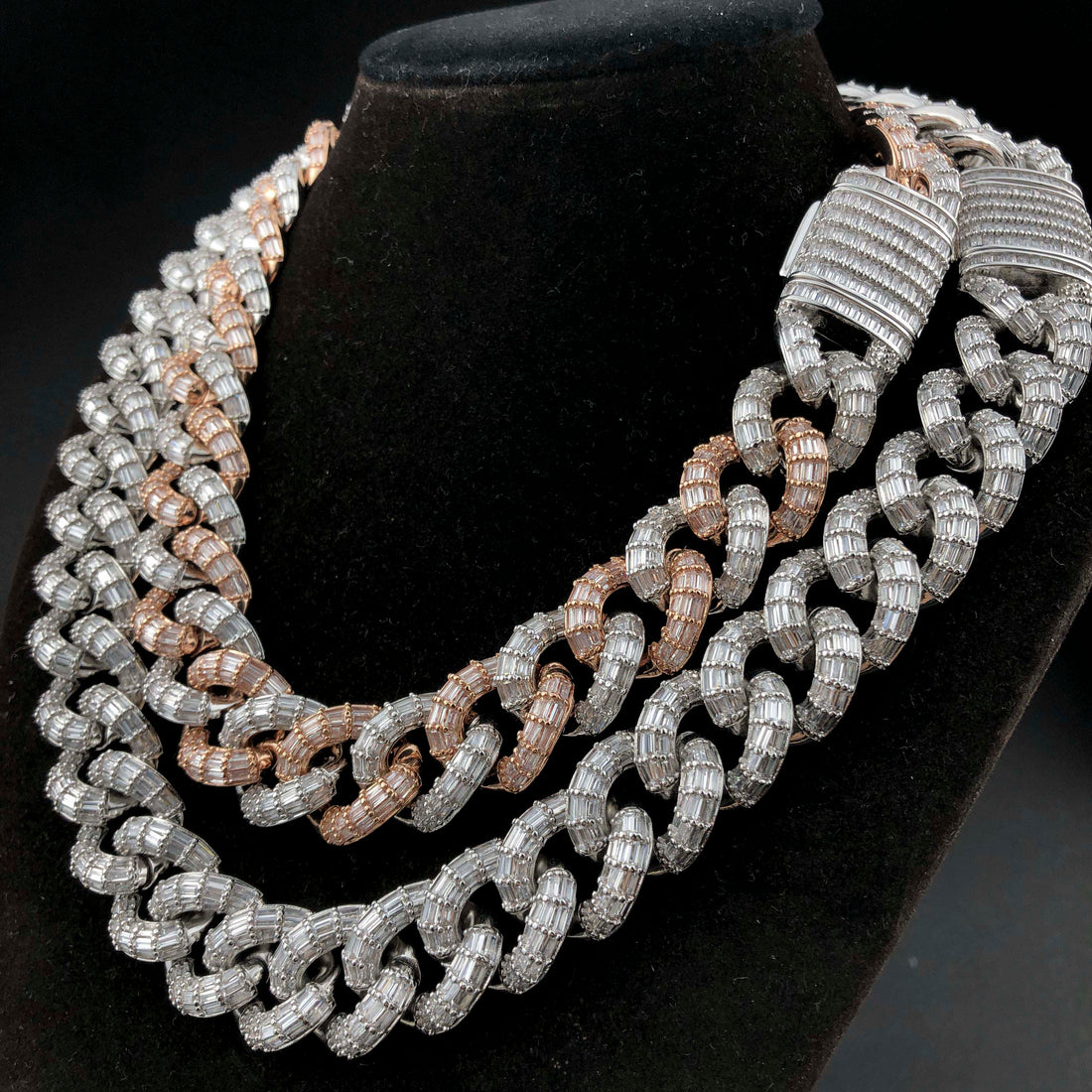 19 mm Baguette Cubaanse ketting, 2-kleurig wit/roségoud