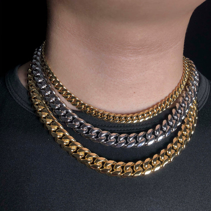 12 mm en 8 mm Miami Cubaanse ketting 18k goud